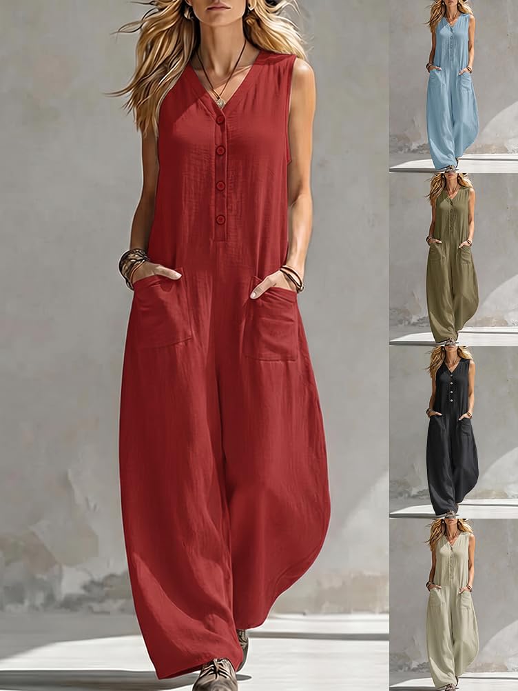 Onsoyours Combinaison Femme Ete Elegante Overall Coton Lin Sans Manche Col V Jambe Large Playsuit Casual Loose Jumpsuit De Travail Plage Soirée Romper Avec Poche