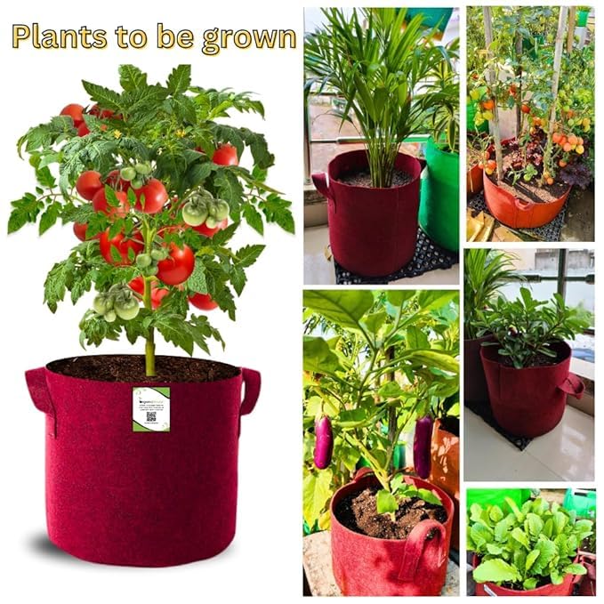 Image of OON Geo Grow Bag for Terrace and Flowers Vegetable Gardening, Premium Geo Fabric 450 GSM Plant Bags, Maroon Color, Eco Friendly Geo Fabric (2, Maroon, 12X12 INCH)