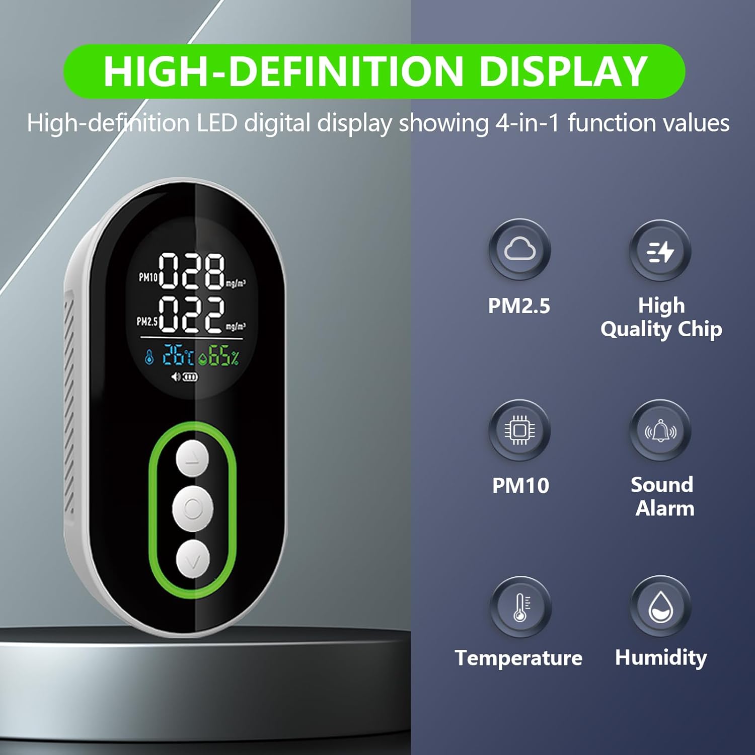 LSENLTY air quality monitor display highlighting PM2.5, PM10, temperature, humidity, and indicating a high-quality chip and sound alarm feature.