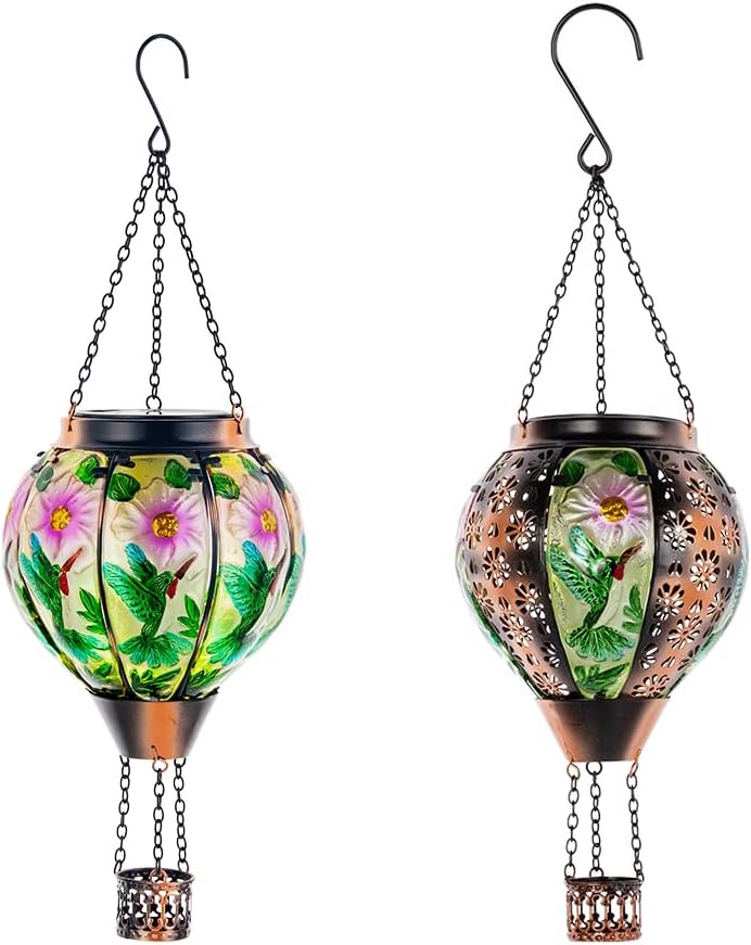 DREAMSOUL Hummingbird Hot Air Balloon Solar Lantern + Hummingbird Metal & Glass Flickering Flame Light Solar Lantern, for Patio Yard Tree Decor
