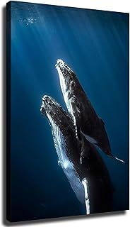Blue Ocean Theme Humpback Whale Canvas Wall Decor Art Painting Prints on Modern Posters Prints Artwork for Living Room, Bathroom,Bedroom,Home (8x12inch Framed)