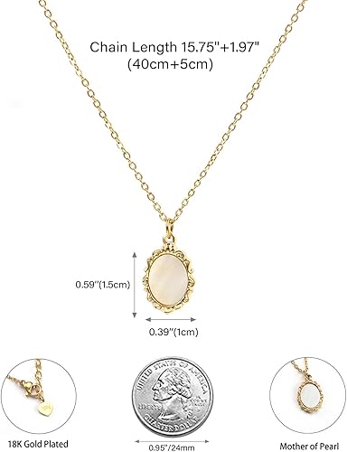 Vista 6 de FarF&ME Delicado collar de madreperla dorada y plata ovalada con colgante de cadena de cable, collar vintage retro apilable, regalo para mujeres