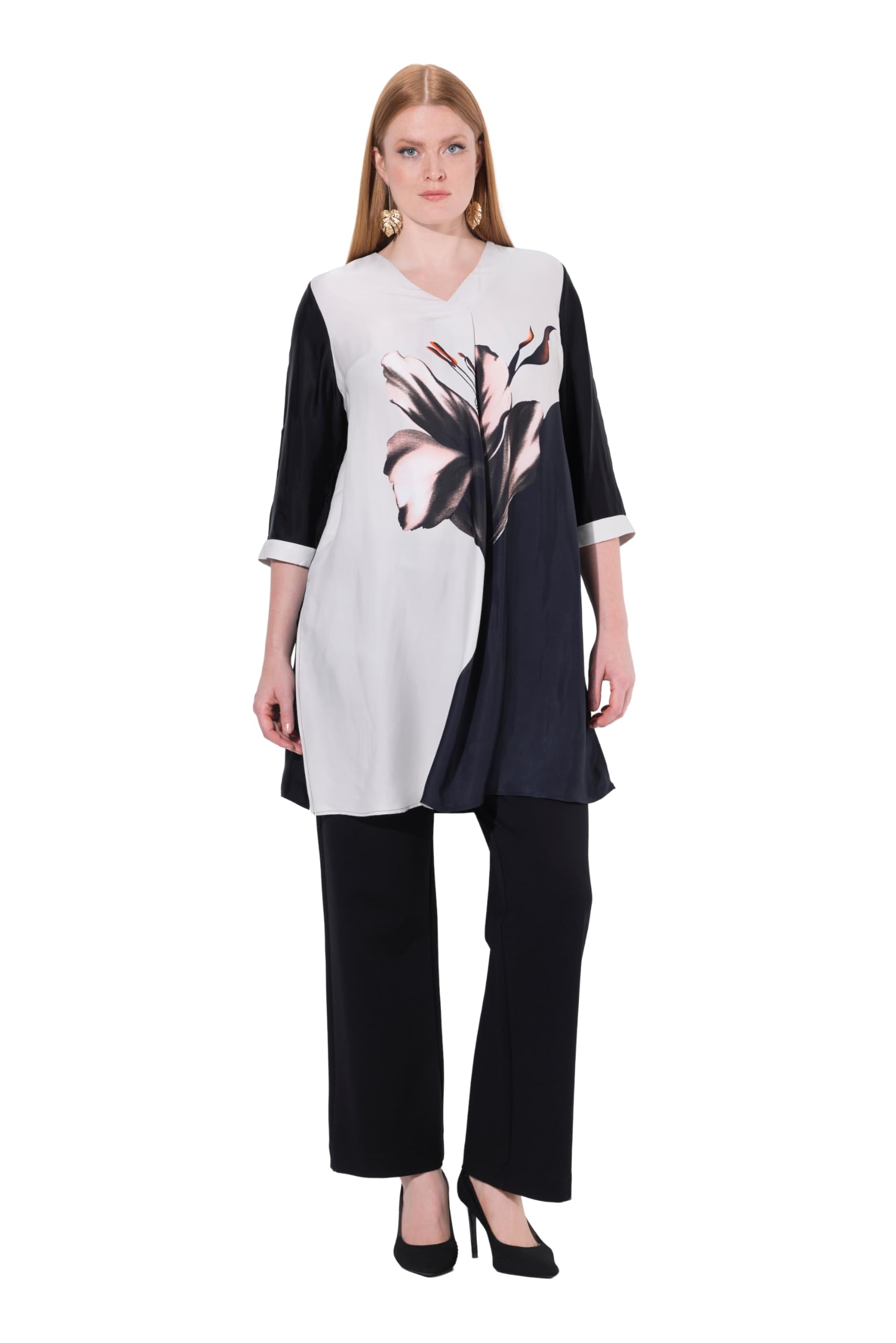 Ulla Popken Damen große Größen Übergrößen Plus Size Tunika, Blüte, Zierfalte, V-Ausschnitt, 3/4-Arm 844991