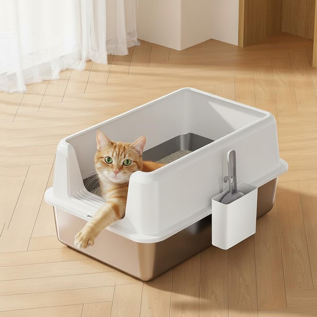 Non-Stick Stainless Steel Litter Box, Side Opening Splash-Proof & Leak-Proof Large Metal Cat Litter Box with Lid & Scoop, Easy-Clean & Durable, 8'' Deep White