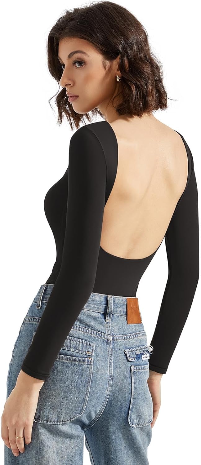 SUUKSESS Women Backless Y2k Long Sleeve Bodysuit Double Lined Open Back Sexy Basic Top - Image 3