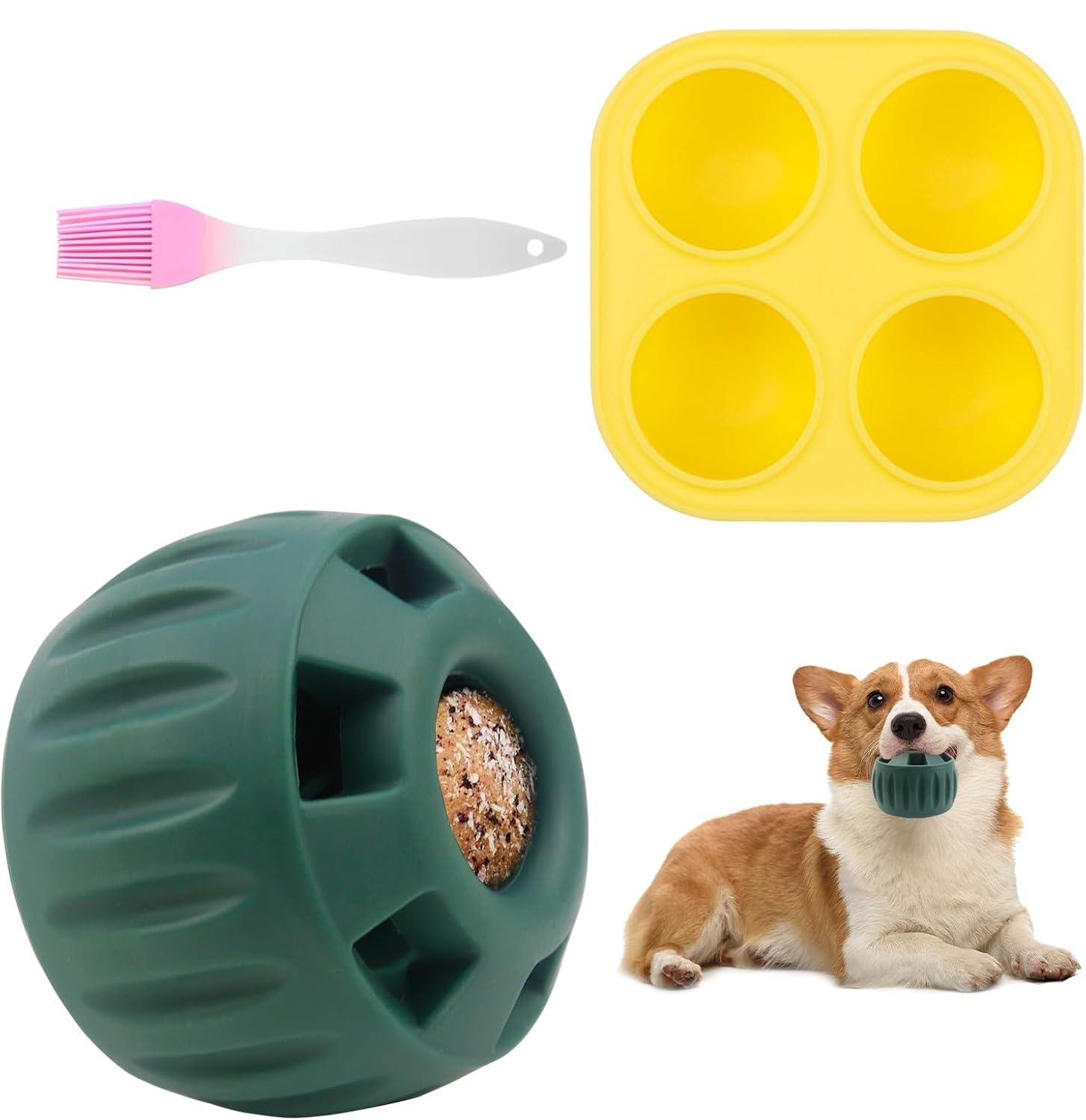 Juego de 3 bolas para lamer, pelotas para lamer para perros, juguete interactivo para perros, pelota de comida para perros, juguetes para cachorros, fácil de limpiar (equipado con un cepillo amarillo)