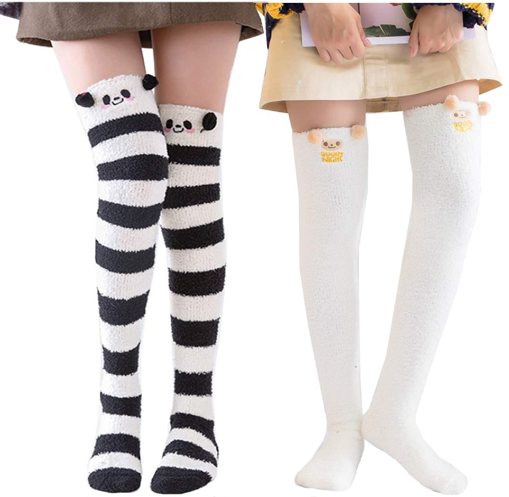 Hotmiss Womens Thigh High Fuzzy Socks Cute Over the Knee Stockings Winter Warm Stripe Leg Warmers