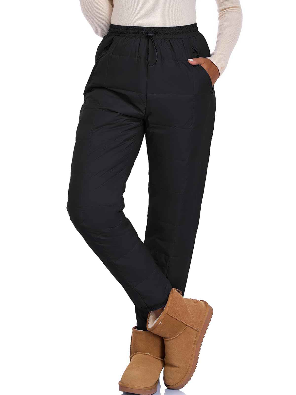 HOTIAN Pantalon en duvet pour femme - Ultra léger - Chaud - Pantalon de jogging - Coupe-vent - Imperméable - Chaud