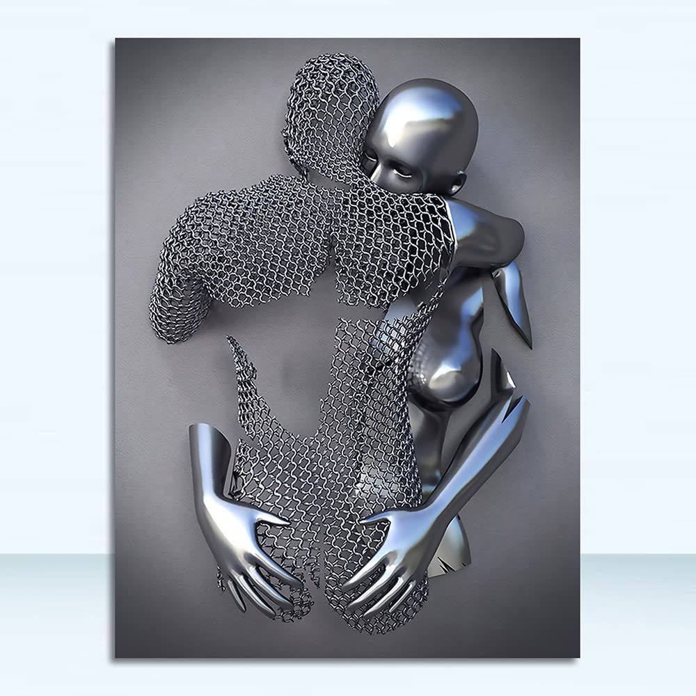 Youihom 3 Tableau Portrait Statue Metal Abstrait Impression sur Toile Gris Affiche Amour Couple Sexy Romantique Salon Décoration Murale 3d Poster Chambre Adulte Moderne Cadeau sans Cadre (50x70cm)