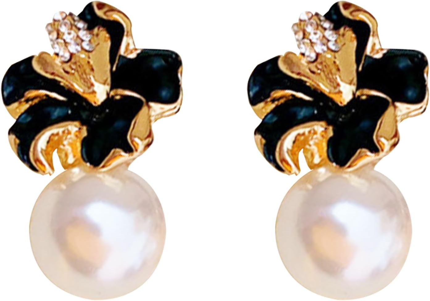 Retro Oil Drip Flower Pearl Stud Earrings for Women Large Crystal Floral Pearl Drop Dangle Earrings Wedding Brides Jewelry