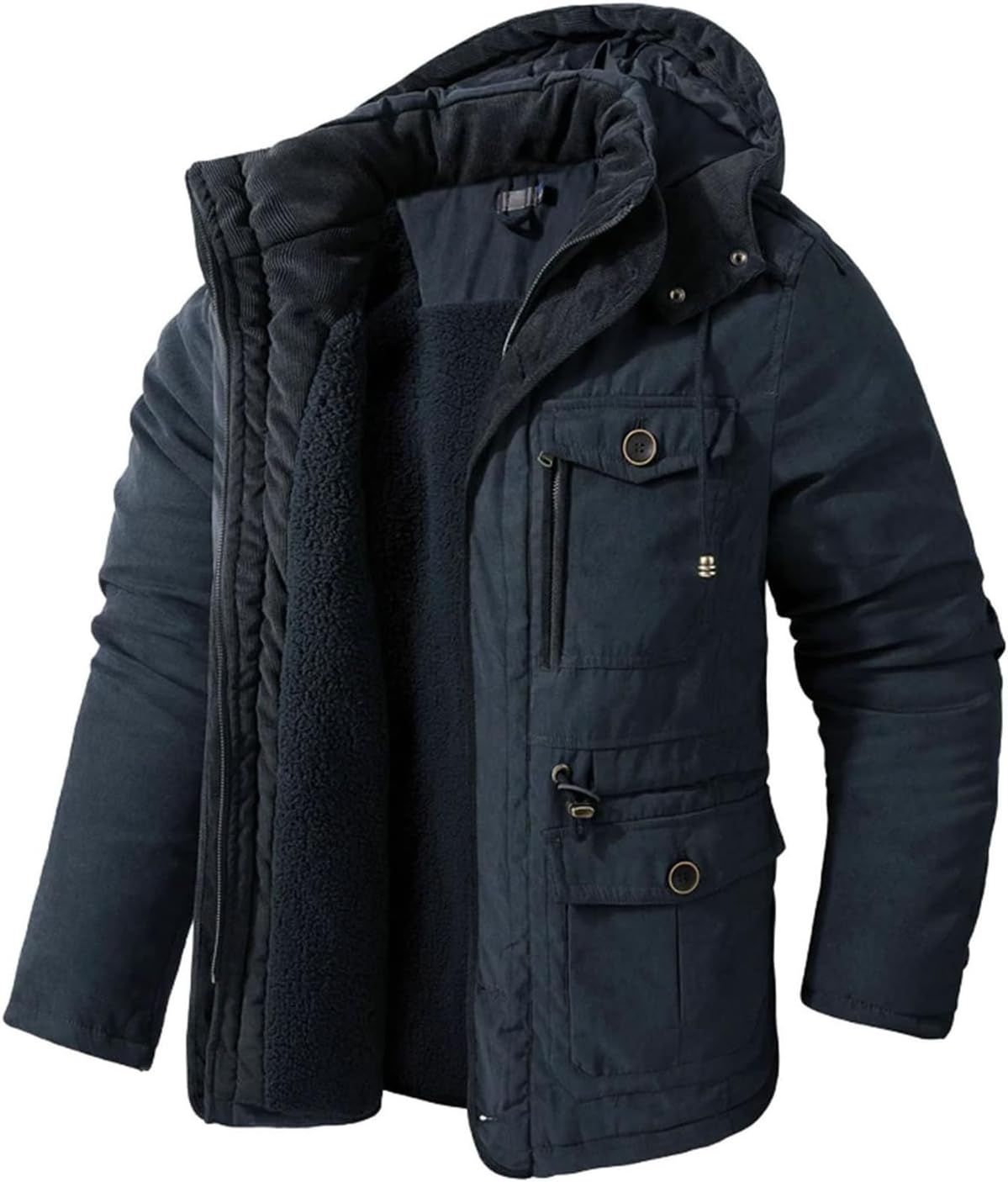 Mens Winter Fleece Warm Jackets Thicken Thermal Tactical Hooded Coats Outdoor Multi-pocket Windbreaker Tops