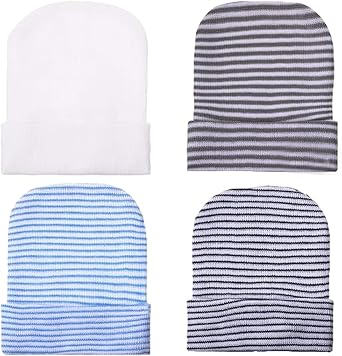 Tsangbaby 4pcs Newborn Girl Boy Hat, Cotton Newborn Beanie Stripes Hat, Newborn Hospital Hat for Boy Girl 0-6 Months White