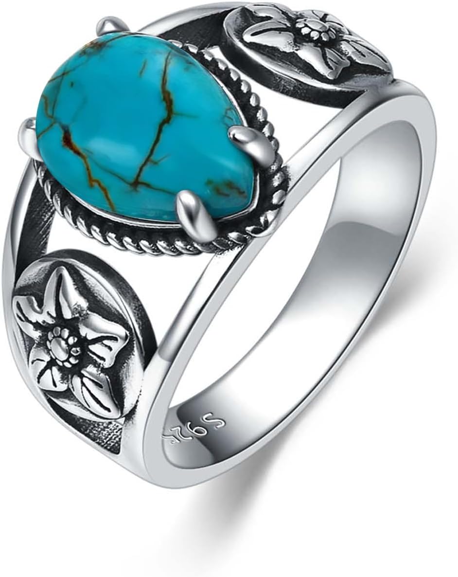 Genuine Turquoise Rings For Women Sterling Silver Native American Indian Jewelry For Women Western Squash Blossom Style