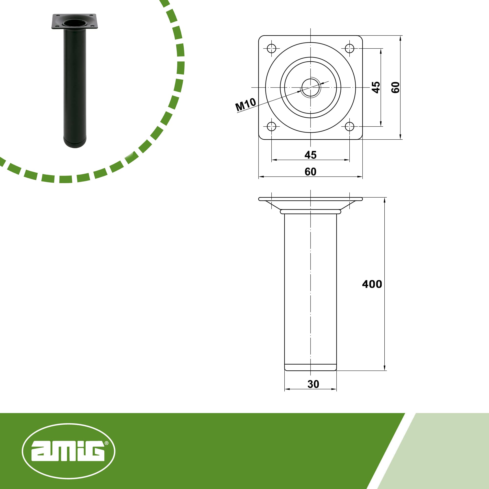 Amig, Round Furniture Leg, 30X400 cm, Steel, for Coffee Tables Bedside Tables, Chests of Drawers..., Anti-Scratch Cap - Image 4