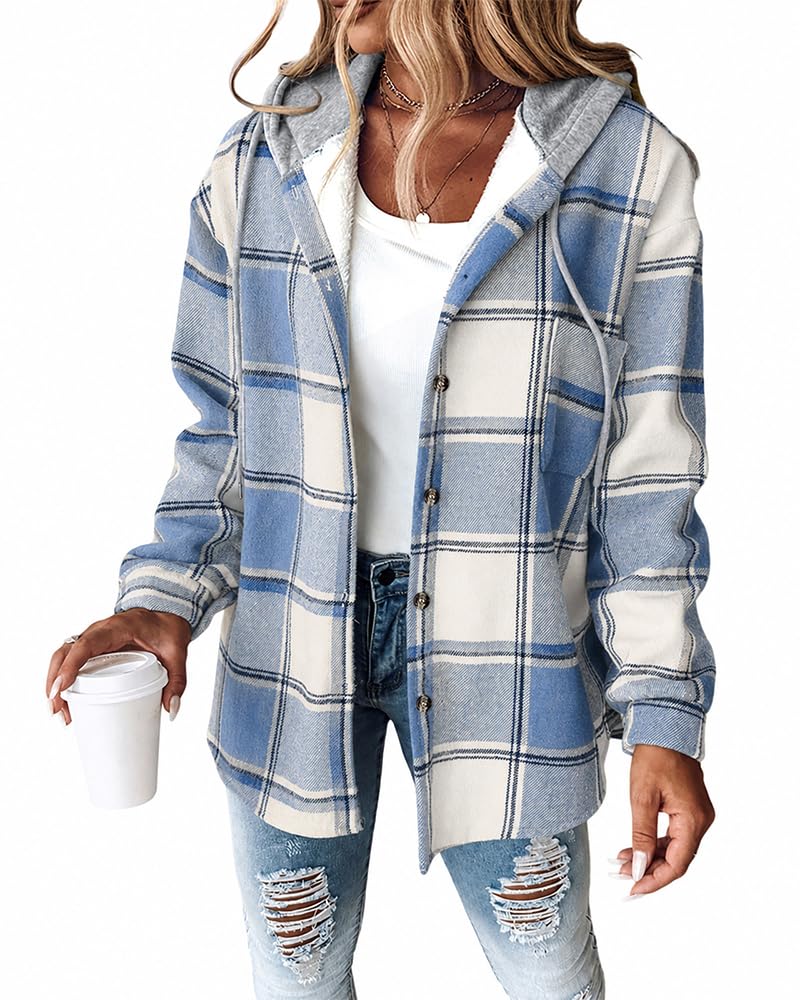 Womens Casual Jacket Plaid Hooded Fleece Lined Shacket