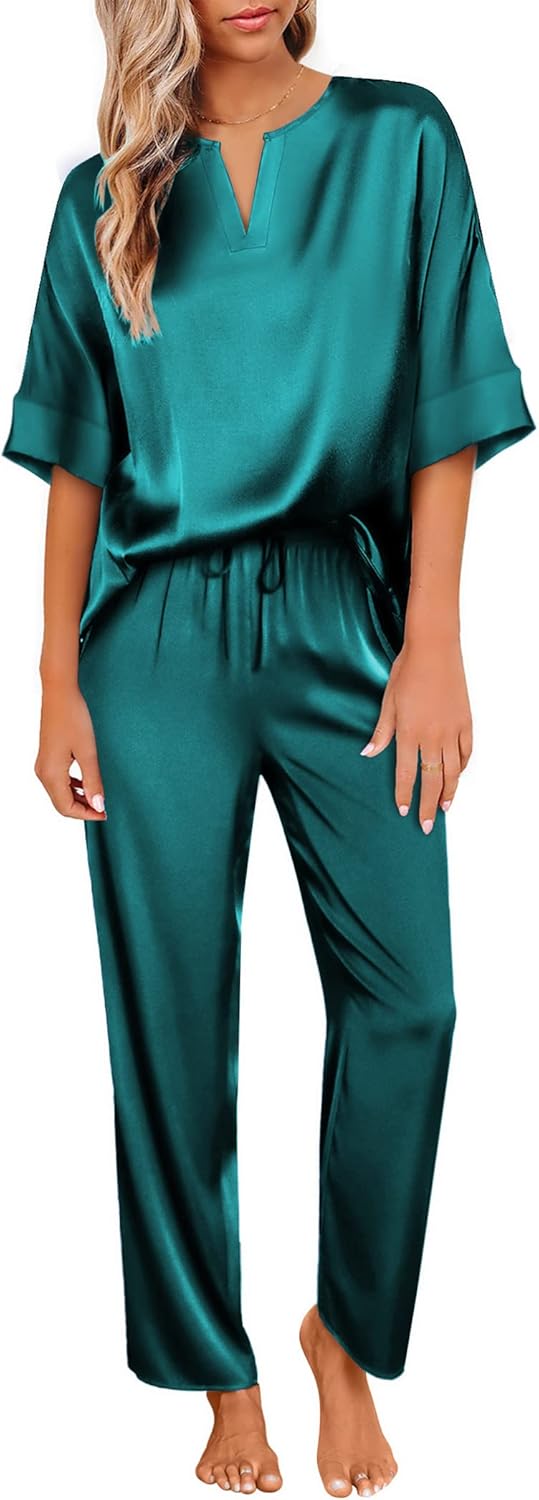 Ekouaer Satin Pajama Set Womens Silk Short Sleeve V Neck Shirt with Long Pant Soft Loungewear Pjs Set - Image 4