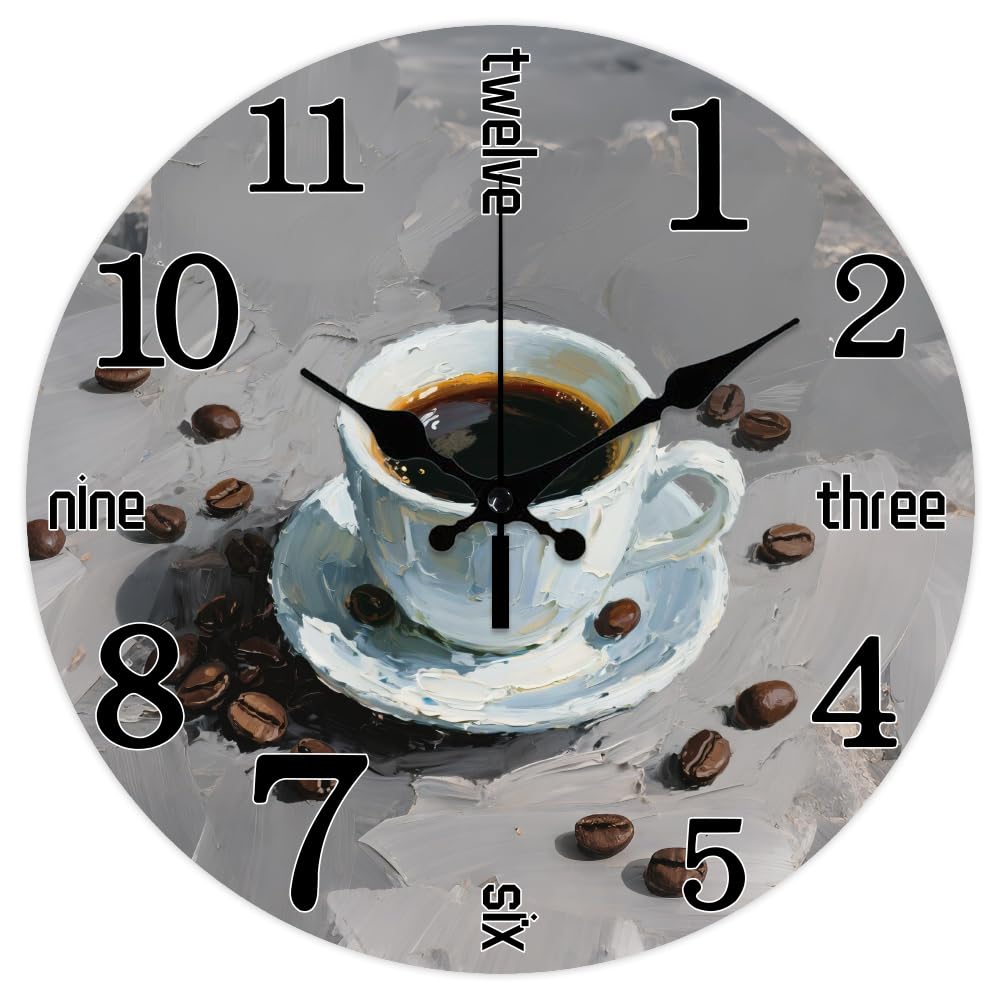 CHGCRAFT Coffee Text Pattern Wall Clock 12 Inch Non-Ticking Coffee Beans Clocks Round Wall Hanging Clock Battery Operated for Bedroom Living Room Kitchen Office