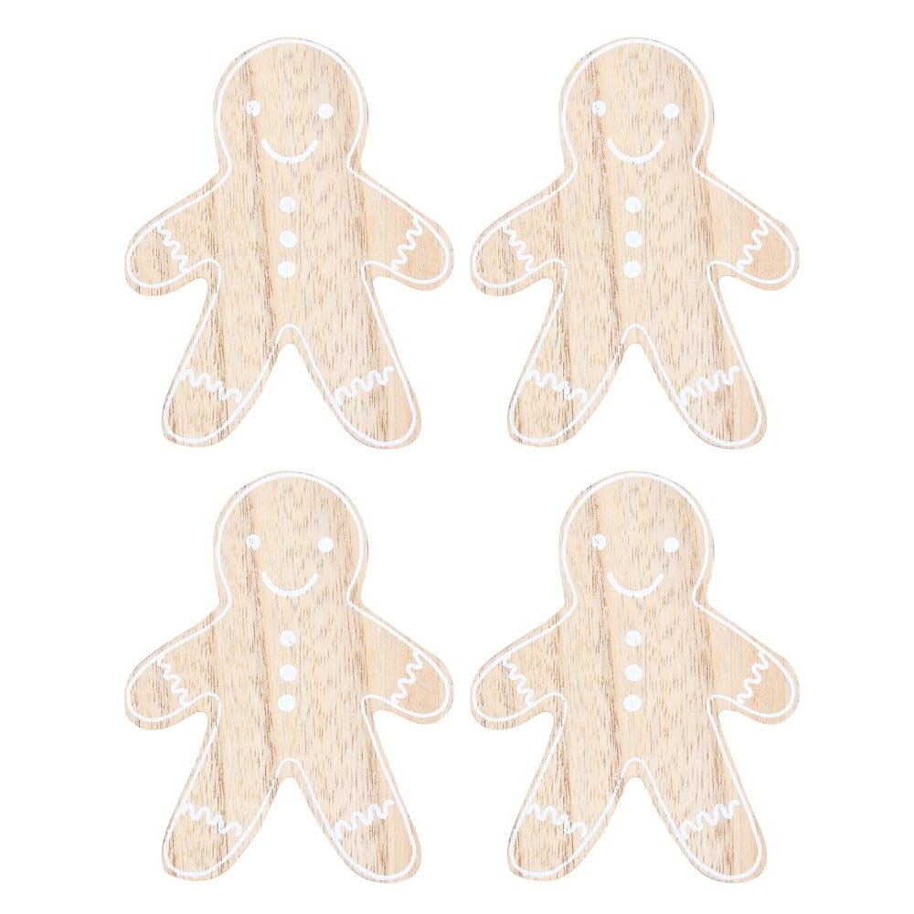 Inevitable Beige Gingerbread Man Coaster Set, Wood Grain Pattern, Set Of 4