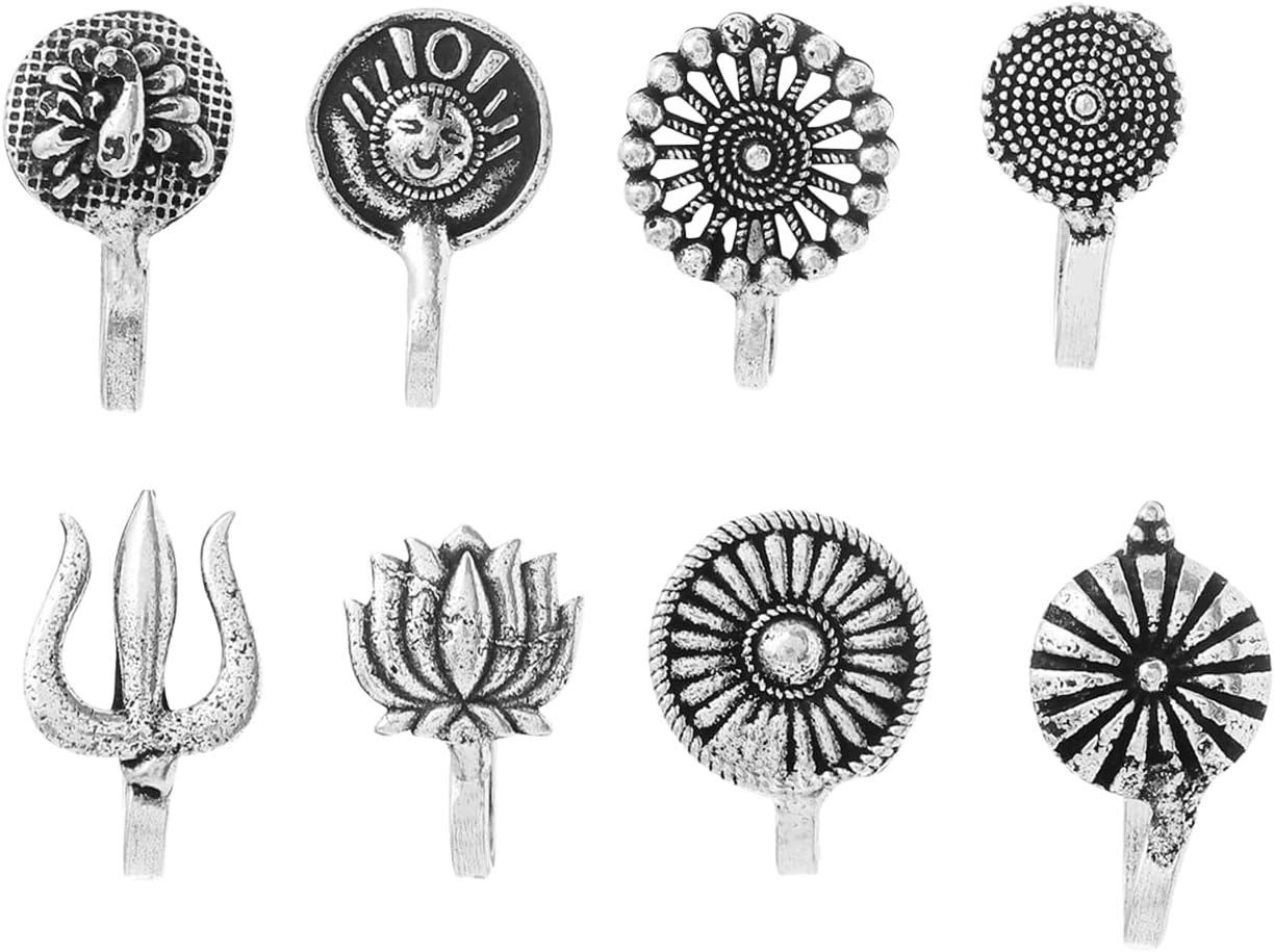 Antique Silver Oxidized 7 pcs combo set Ethnic Indian Traditional non-piercing Nose pin Jewelry Variation
