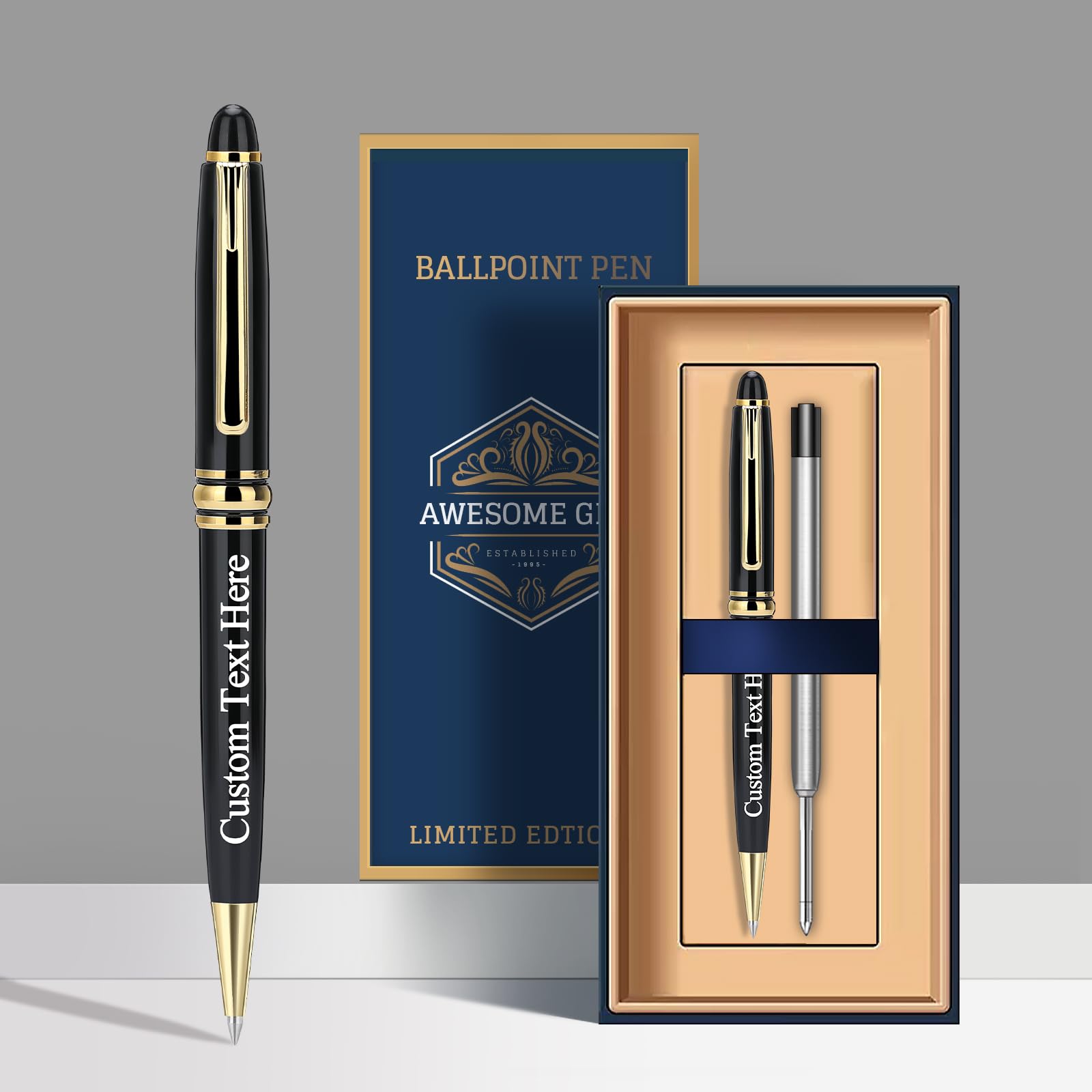 Pesccygne Personalized Executive Business Pen - Custom Engraved With Your Name - Luxury Gift Set With Box for Men & Women - Free Engraving - Black