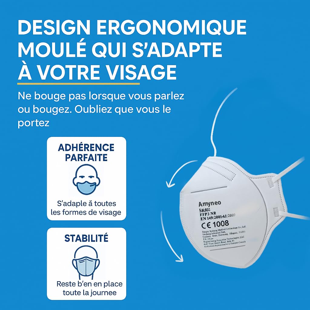 20 Masque FFP3 Certifiés CE, Masque 5 Couches Sans Valve, Masques de Protection Adulte contre les Poussières et les Particules, Masques de Protection Respiratoire Filtrant BFE≥99, 20 Pièces