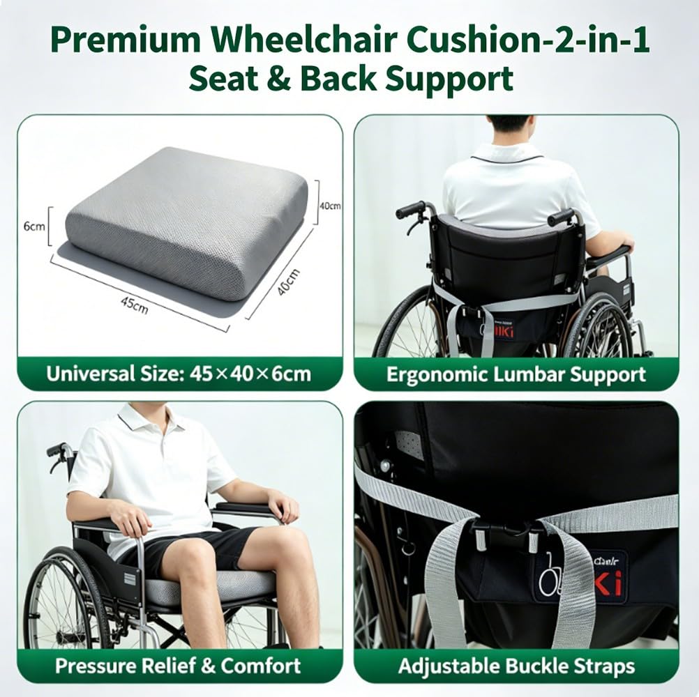 Sitzkissen Rollstuhl 45x40cm, Memory Foam Kissen Für Stuhl Und Rollstuhl, Ergonomisches Komfortkissen Mit Rutschfester Unterseite, Waschbarer Bezug, Unterstützung Für Langes Sitzen, Grau