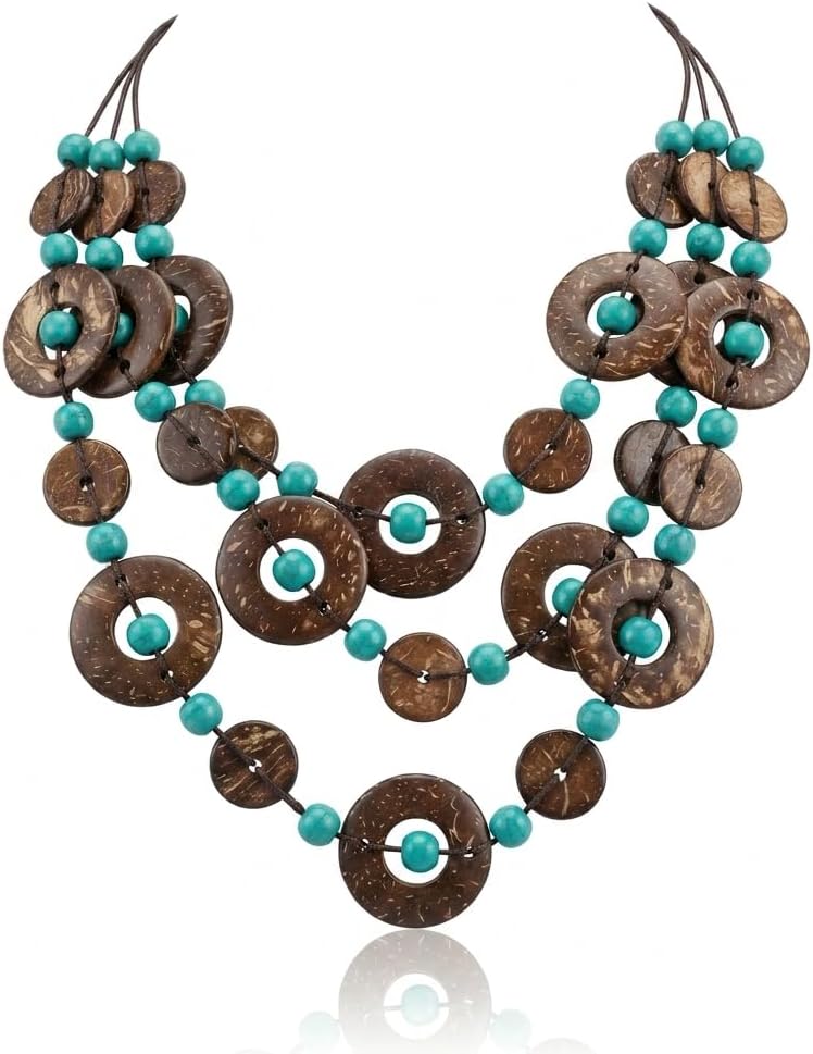 BELLA-Bee Color Beaded Necklaces for Women, Long Statement Handmade Necklace, Waterproof Wooden Jewelry Coconut Shell Boho Necklaces, Fun Star Butterfly Colorful Jewelry