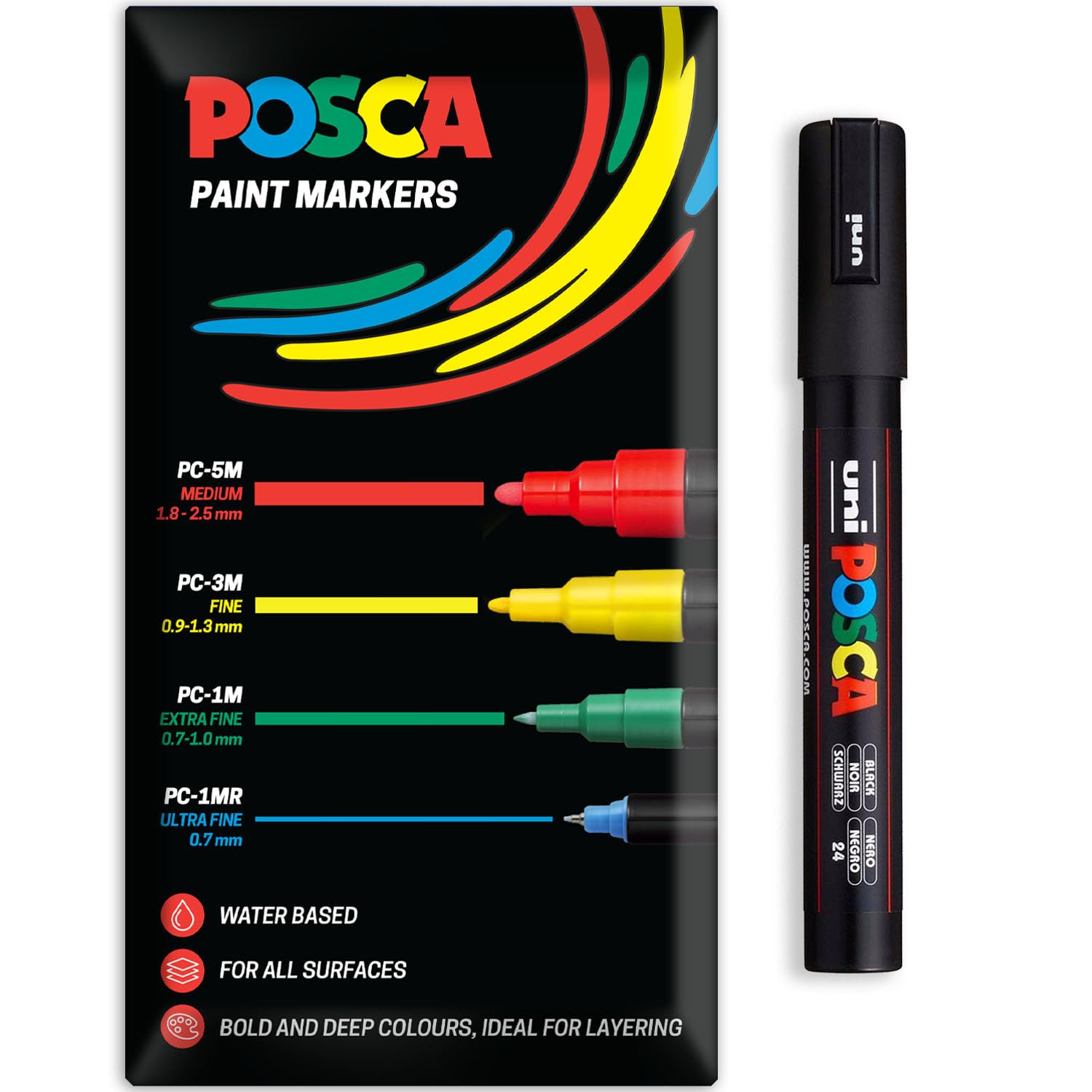 Posca Water Based Acrylic Paint Marker Pens | Multi Surface Use Permanent Paint Pen | Pack of 1 in Envelope Gift Packaging | Glass, Fabric, Canvas, Wood etc | PC-5M, Black
