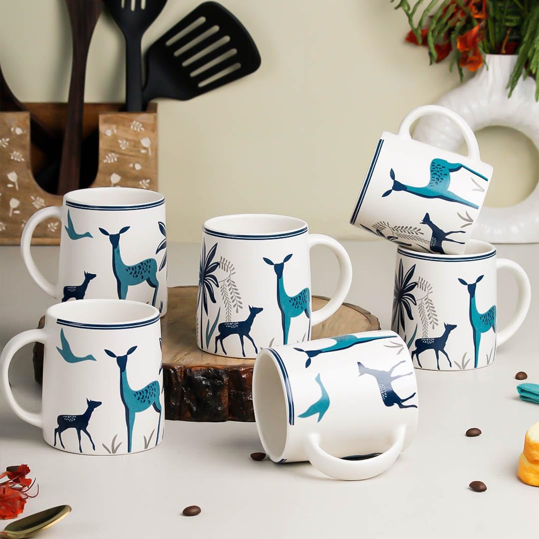 - The Earth Store Stag Blue Coffee Mugs Set of 6 to Gift to Best Friends, Coffee Mugs, Microwave Safe Ceramic Mugs (300 ml Each)