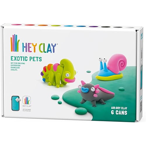 HEY CLAY Colorful Modeling Air Dry Clay for Kids 6 cans with Fun Interactive Instructions App - Kids Activities Age 3+ (Exotic Pets: Chameleon, Gastropoda, Axolotl)