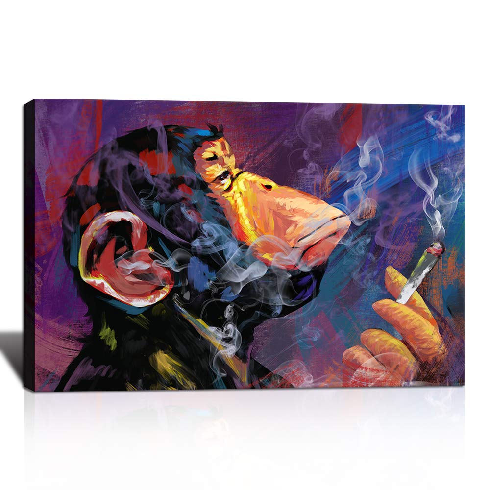 KLVOS Colorful Gorilla Monkey Smoking Picture Print on Canvas Cool Chimp Animal Painting Funny Pop Artwork Ready to Hang Contemporary Home Decor for Living Room Bedroom Office 24x36Inch