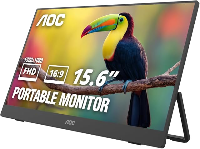 AOC 15.6 Inch Portable Monitor, FHD 1080p IPS Display, USB-C, Mini HDMI, Built in Speaker, Kickstand, Travel Monitor, Compatible with Laptops, MacBook and Gaming Console, 16T30