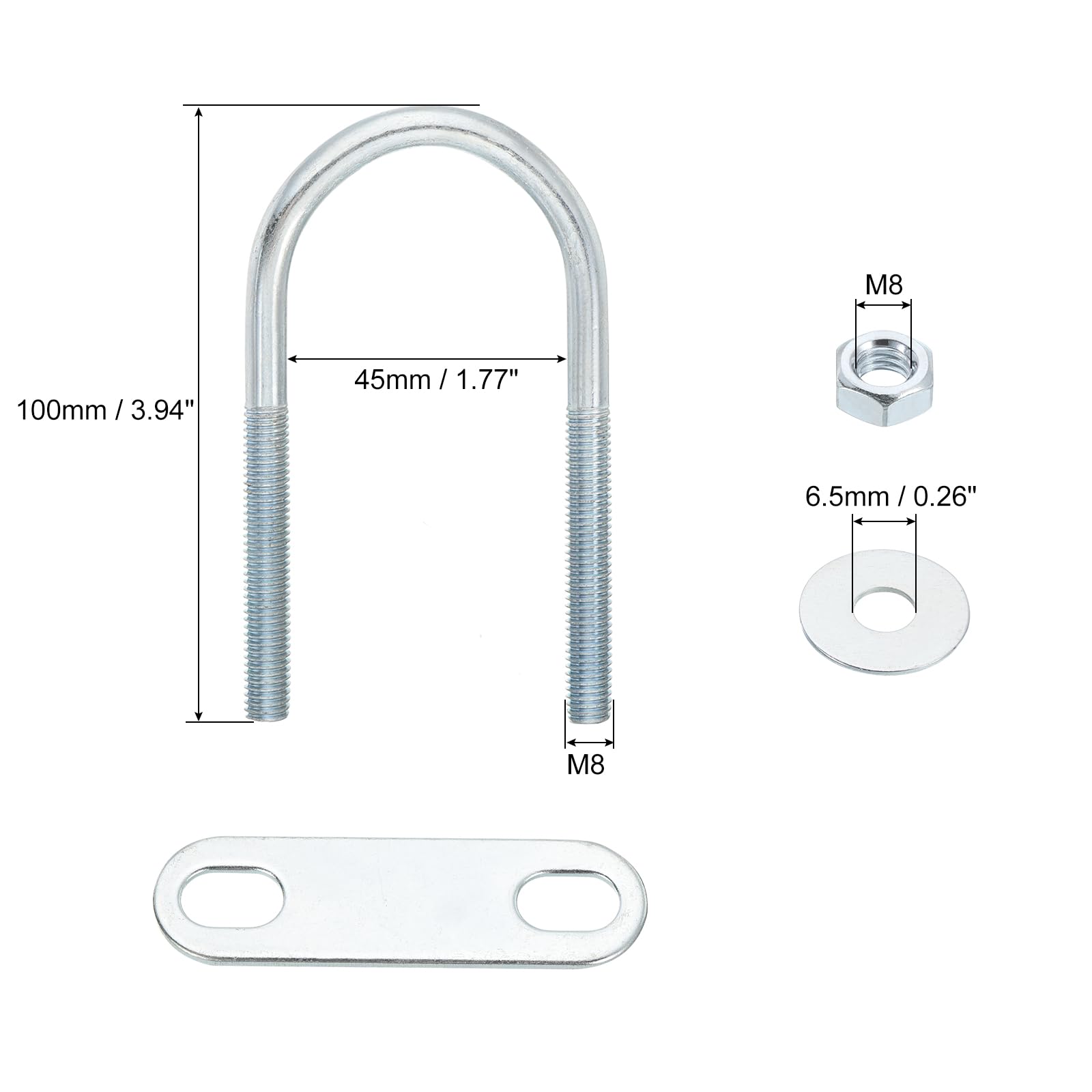 QUARKZMAN 4Pcs Pernos en U Redondos M8, Ancho Interior de 45mm, Longitud de 100mm Perno de Abrazadera en U con Tuercas y Placas, de Acero al Carbono para Reparación Tuberías y Industriale