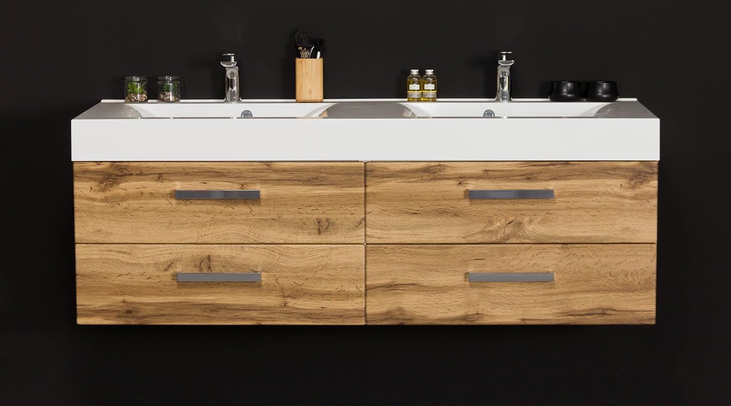 Quentis Badmöbelset ZENO 140 cm, Doppelwaschtisch mit Unterschrank, Eiche Natur, 4 Schubladen, Unterschrank montiert