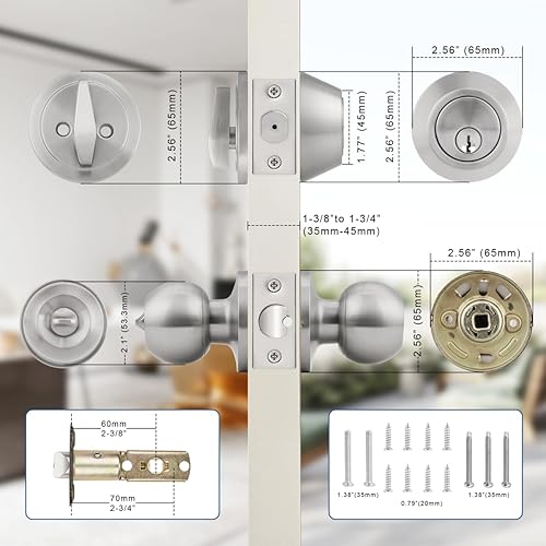 Miniatura 4 de Knobonly 607-0101combo - Juego de cerradura para puerta delantera con llaves y cerrojo de cilindro individual combinado, acabado en níquel satinado