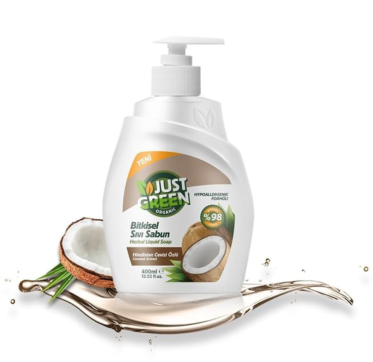 Just Green Organic Coconut Herbal Hand Soap - Gentle Hand Wash Liquid Suitable for All Skin Types, Moisturising & Refreshing- Free from Additives & Chemicals, 400ml