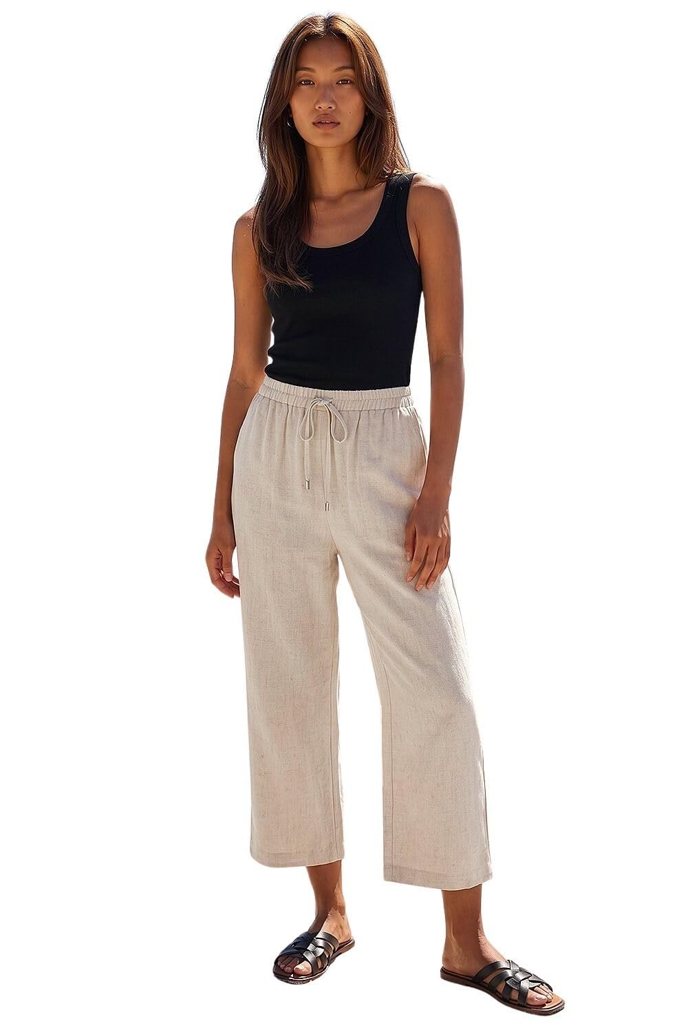 Roman Women's Natural Cropped Linen Trouser In | : Size 18