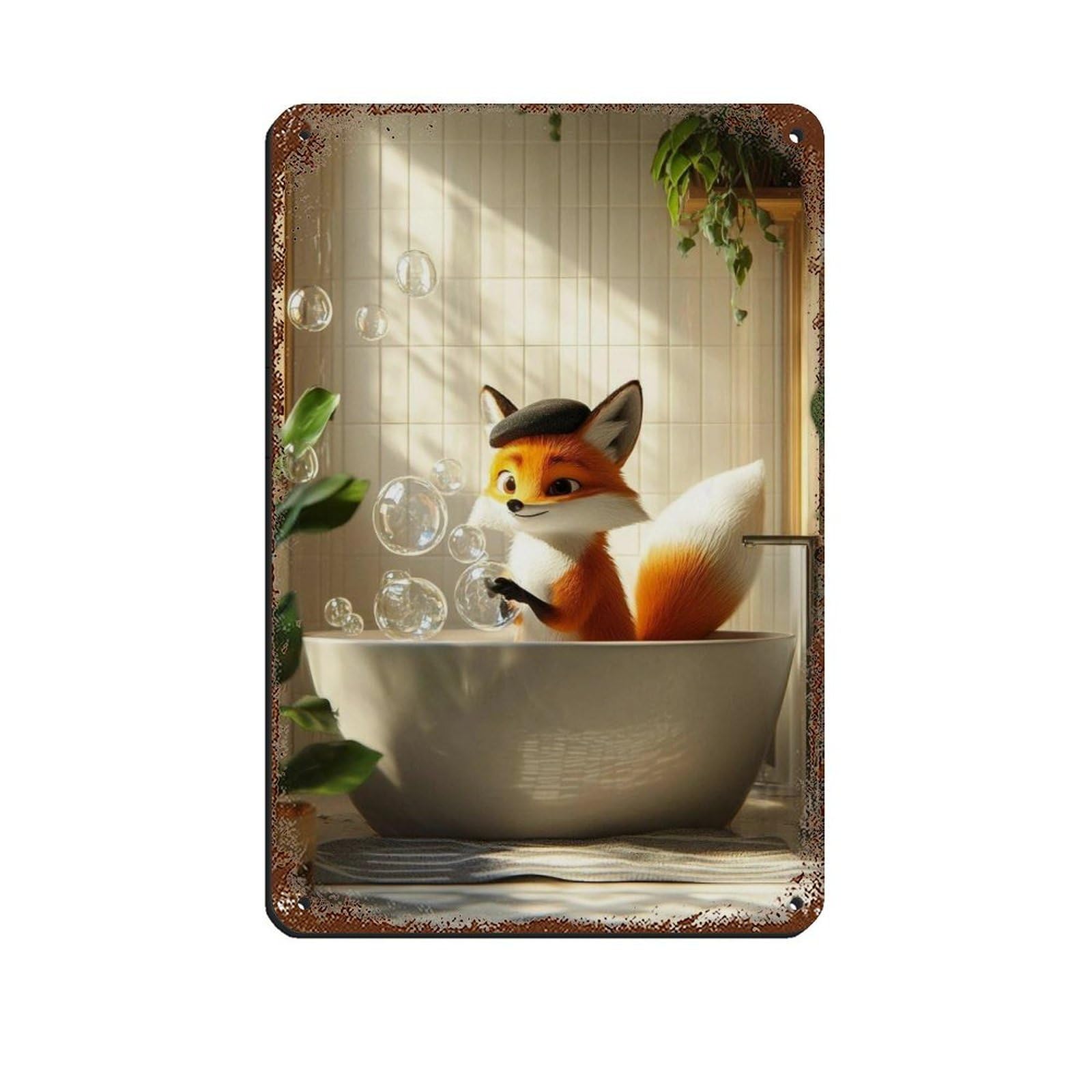 Lxwnze 20L X 30W Cm Fox In Bathtub, Cute Bathroom Decor Tin Sign Vintage Metal Pub Club Cafe Bar Home Wall Art Decoration Poster Retro 8X12inch(20X30cm)