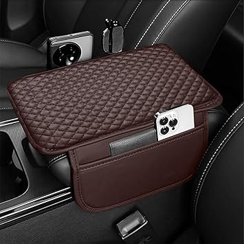 Lyrovo PU Leather Car Armrest Cushion Pad With Side Pockets, Universal Fit for All Car (Mocha)