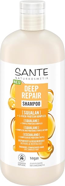 SANTE natural cosmetics deep repair shampoo squalane + 3-fold protein complex vegan care shampoo for supple and shiny hair repaired dry, stressed hair 500 ml