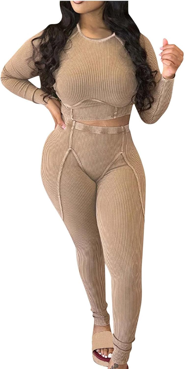HGps8w 2 Piece Outfits for Women Workout Sets Vintage Washed Long Sleeve Crop Top with High Waisted Leggings Yoga Tracksuits