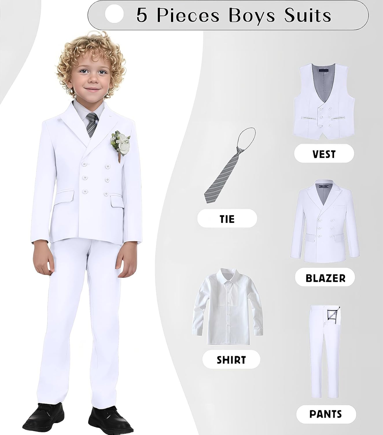 Boys Suit Kids Tuxedo Double Breasted Suits for Boy Dress Pants Set Slim Fit Formal Wedding Ring Bearer Outfit with Tie