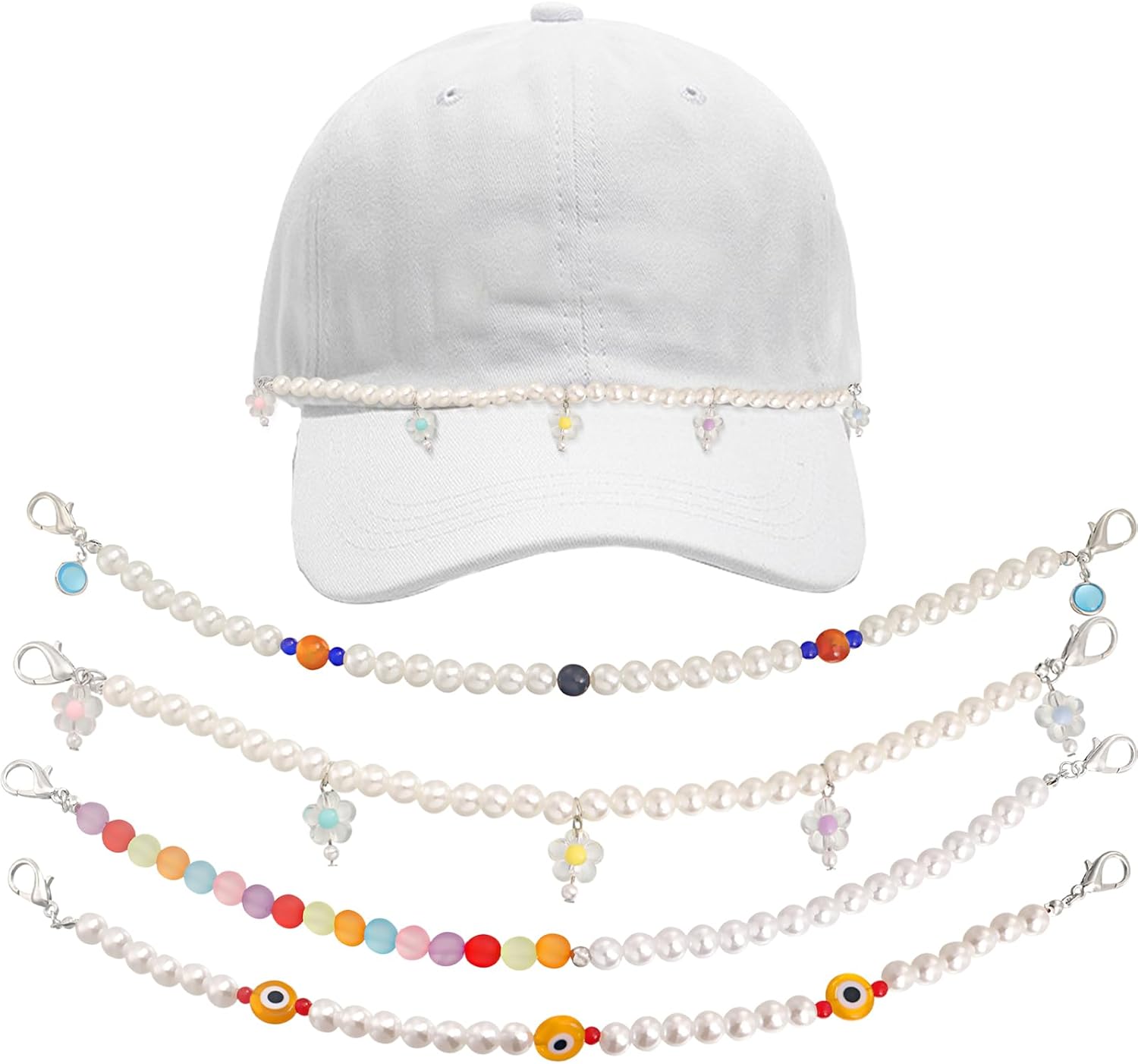 SAMIQU 4PCS Trucker Hat Chains Decorative Beaded Flower Charms for