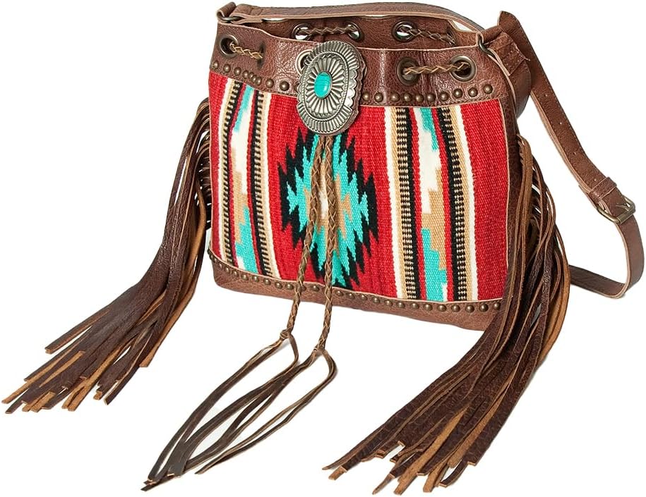 American Darling Bucket Bag Western Leather Hand Woven Saddle Blanket Turquoise Concho Fringes Tassels 11in x 14in