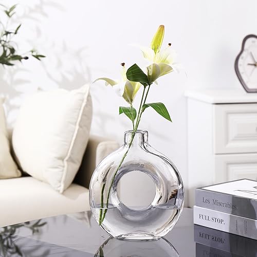 Miniatura 8 de Jarrón de vidrio, jarrón de vidrio con rosquilla, florero de vidrio transparente, florero moderno, florero decorativo, jarrón redondo de vidrio para