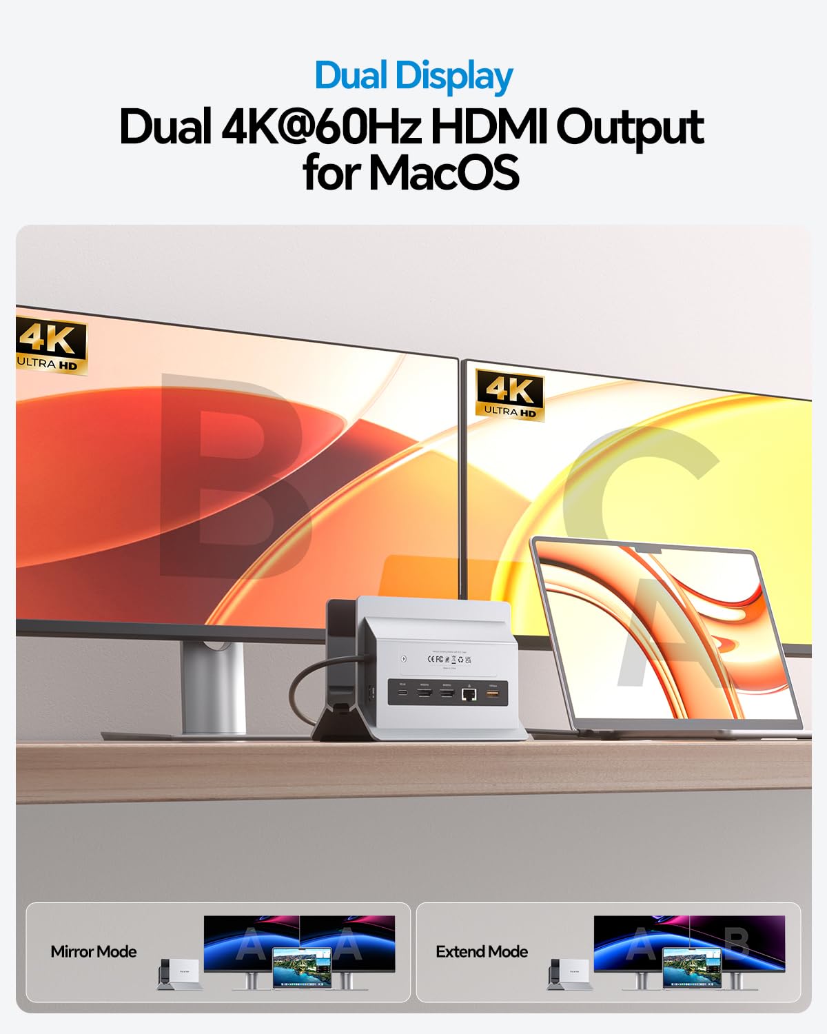 MacBook Dockingstation für Dual Monitore, Dual USB-C Laptop Docking Station mit 2 HDMI 4K@60Hz, USB A/C 10 Gbit/s, Ethernet, NVMe SSD Gehäuse, SD/TF Vertical Dock Ständer für MacBook Air/Pro M3 M4 M5 | PULWTOP Laptop Docking Station mit 2 HDMI, USB A/C 10