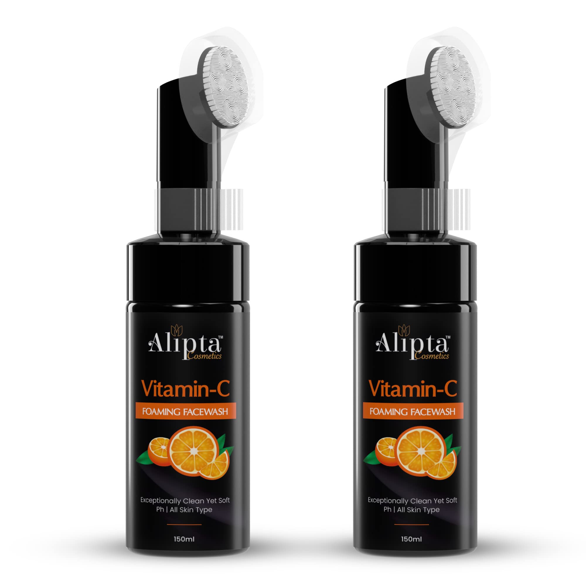 Alipta Cosmetics Brightening Vitamin C Foaming Face Wash with Built-In Face Brush for deep cleansing - No Parabens, Sulphate, Silicones & Color - 100mL + 50mL = 300mL Pack Of 2