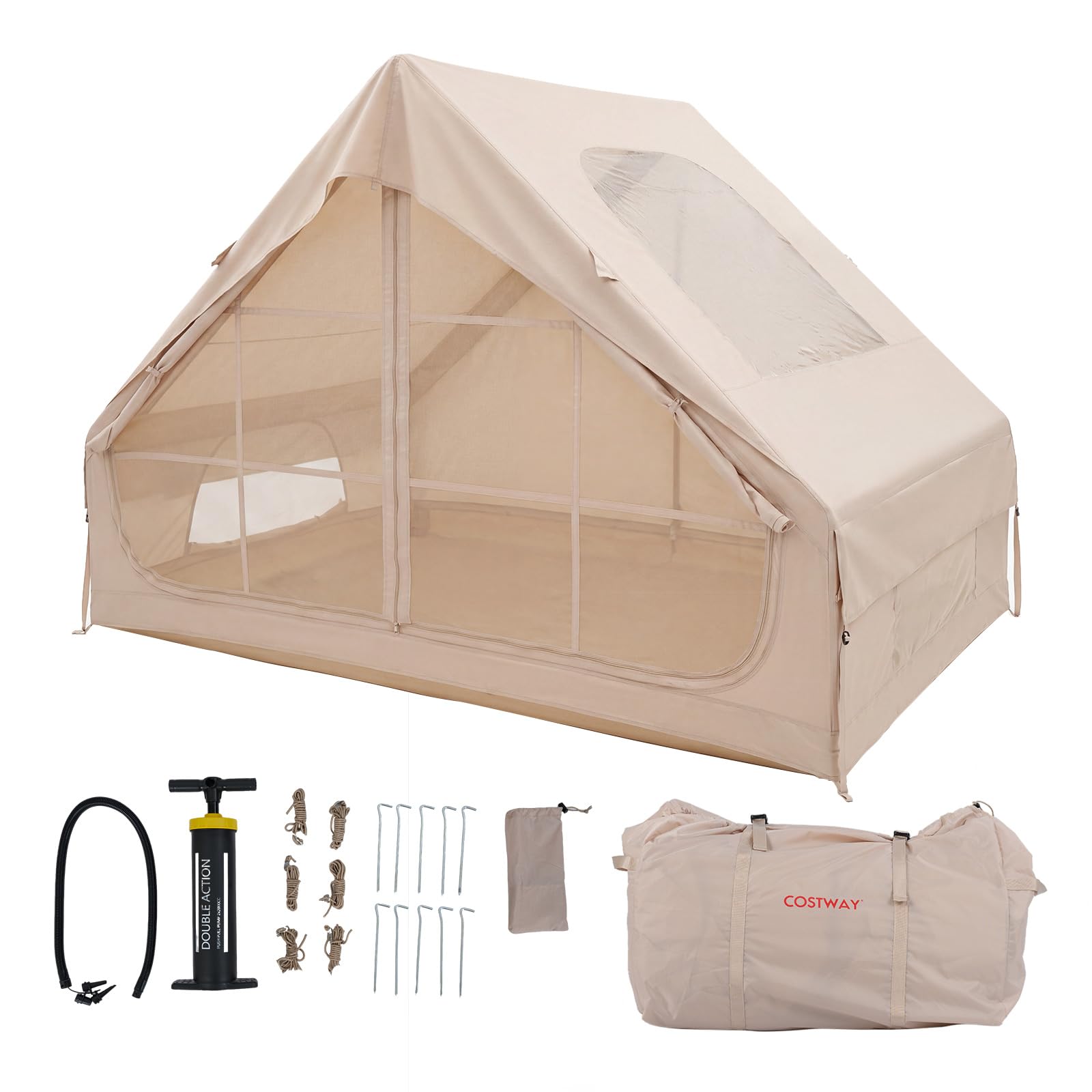 COSTWAY Tienda de Campaña Inflable con Claraboya, Tienda Glamping Familiar para 4 Personas con Puertas, Ventanas de Malla, Bomba de Aire, Bolsa de Transporte, Carpa Camping Exterior para 4 Estaciones