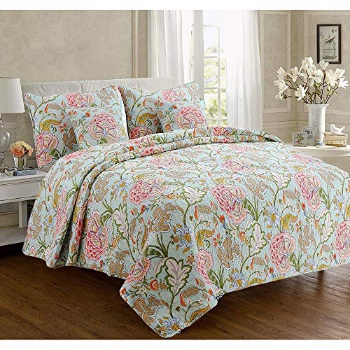 Cozy Line Home Fashions Blooming Red White Floral 100% Cotton Reversible Quilt Bedding Set, Coverlet Bedspread (Camellia Green, King - 3 Piece) by Cozy Line Home Fashions - Used condition - US$43.96