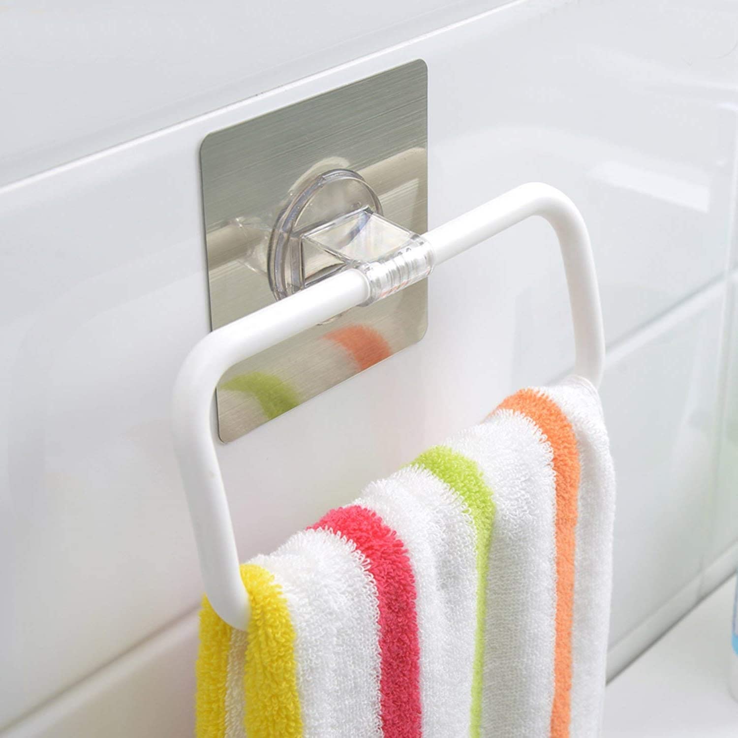 Zeinwap Self Adhesive Magic Sticker Series Plastic Towel-Napkin Holder Ring for Bathroom, Kitchen, Wash Basin (White, Pack of 1)